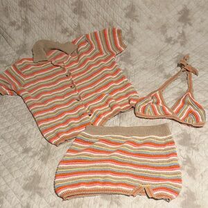 Colorful Striped Knit Mini Skirt, Triangle Bra and Short Sleeve Sweater Set